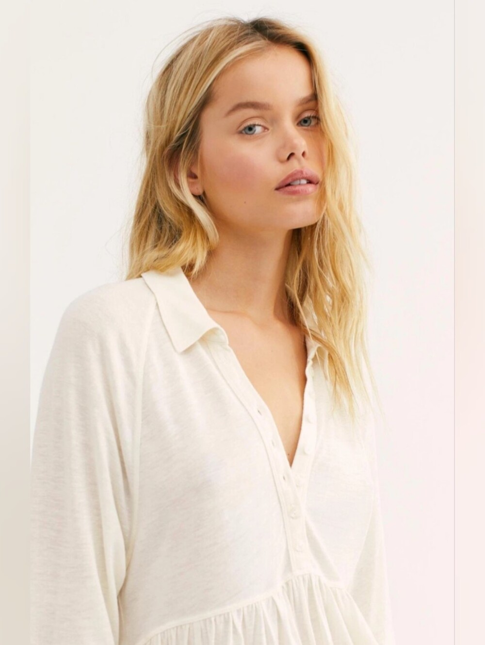Free People Best Girl Cream Long-Sleeve Button Keyhole Tiered Tunic Top Dress M - Picture 4 of 13